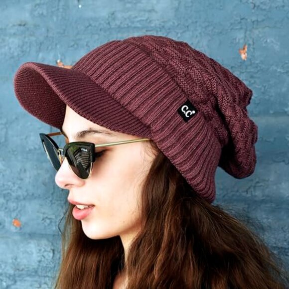 Oversized Chunky Knit Beanie with Visor Brim Fleece Lined Warm Slouchy Hat